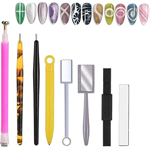 8 pcs Magnet Nail Art Polish, 3D Magnetic Cat Eye Gel Polish Nail Art Tool 3D Magnet Plate Wand Board with Double Head Flower Design Nail Magnet Pen for DIY, Pretty Cat Eye Effect Cover