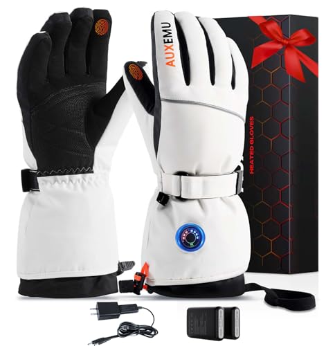 Heated Gloves for Men Women, Auxemu 7.4V Fast Heating 8H Warmth Heated Gloves with Visual Button Touchscreen/Reflective Strip/Waterproof for Motorcycle Riding, Skiing, Outdoor Work(White, L)