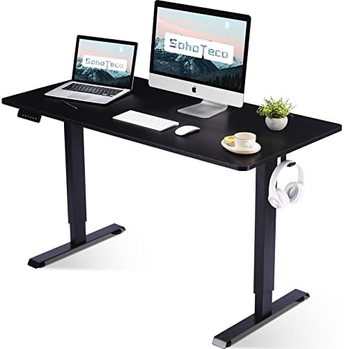 SohoTeco Electric Standing Desk,48x24 Super Stable Stand Up Desk Height Adjustable with Memory Controller,Sit Stand Desk with Cable Management Tray for Home Office,Solid Board& Steel Frame Black