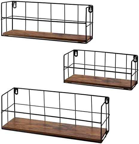 HORLIMER Floating Wall Shelves Set of 3, Rustic Wood Wire Frame Hanging Shelf for Bathroom Bedroom Living Room Kitchen