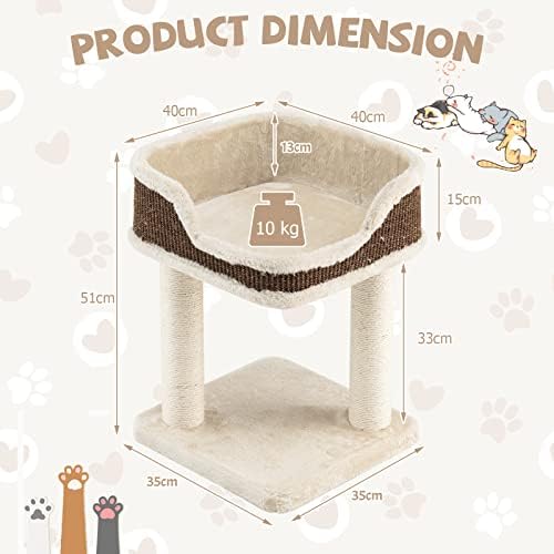 GYMAX Cat Tree Tower, Compact 2-Tier Cat Activity Tree with Large Plush Top Perch Bed and Natural Sisal Wrapped Scratching Posts, Indoor Kitten Playground for Home & Office (Beige)