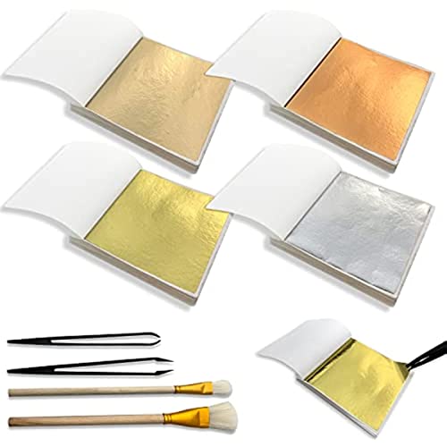 200Pcs 4 Colors,with 2 Wool Pens and 2 Plastic Tweezers,for Arts Decor,Crafts,Gilding Imitation Gold Leaf Sheet Kit Multipurpose Gold Leaf Papers