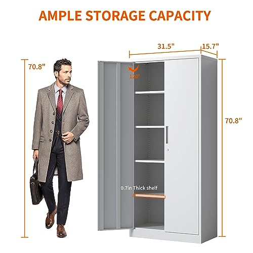 IKIMI White Metal Storage Cabinet with Doors and Shelves,71\" Steel Locking Garage Cabinets Utility Locker Tool Cabinets for Home Kitchen Office Basement