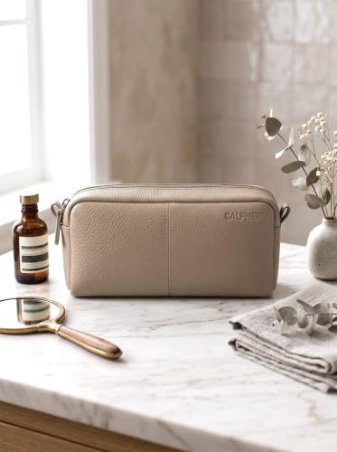 Image of Calfnero Genuine Leather Toiletry Bag for Men & Women | Premium Leather Travel-Pouch | Toiletry Organizer | Cosmetic & Shaving Kit Bag | Unisex Travel Dopp Kit (Beige)
