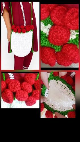 Image of RHC Handmade Crochet Bucket Bag with 3D Red Rose Floral Embellishment, White, Medium, Women's Crossbody Handbag 18x18