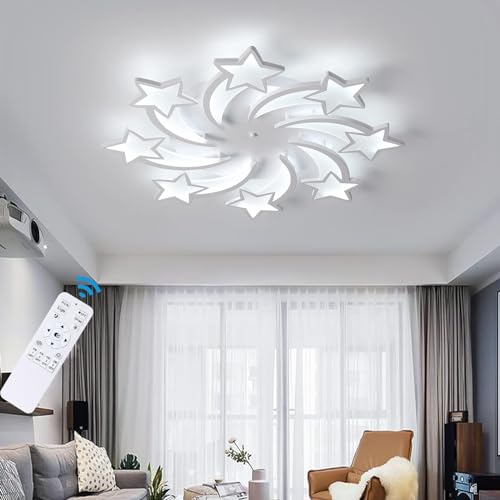 Qcyuui Led Ceiling Light, White Star Led Ceiling Light, 8-Star Shape Decoration Design, Dimmable with Remote Control 3000-6000K, 86W Modern Acrylic Ceiling Light for Kids Room Bedroom Living Room
