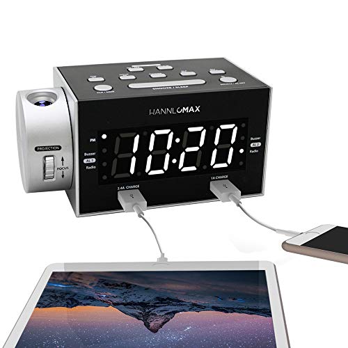 HANNLOMAX HX-135CR Alarm Clock Radio with Projection, PLL FM Radio, Dual Alarm, Dual USB Ports for 2.4A and 1A Charging, White LED Display, AC/DC Adapter Included.