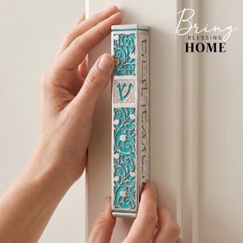 Image of SURI Mezuzah for Door with Scroll, 7 Inch Silver and Blue Mezuzah Case with Non Kosher Scroll Inside, Fits a up to 6 Inch Scroll, Includes Adhesive and Gift Box
