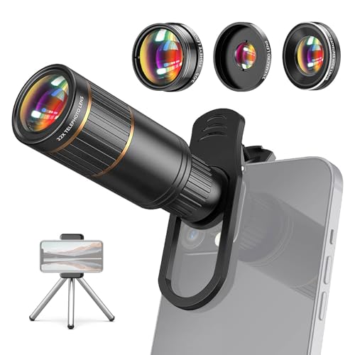 Camnoon 4-in-1 Phone Lens Kit External Phone Camera Lens with 22X Telephoto Lens & 205° Fisheye Lens & 4K 0.67X Wide Angle Lens & 25X Macro Lens & Lens Clip Replacement for iPhone 15/14/13/12& Android