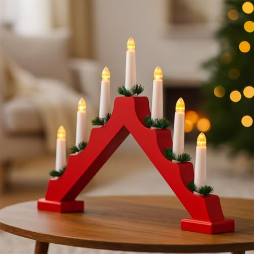 Marco Paul Red Christmas Candle Bridge - Battery Operated LED Light Up Candlebridge for Windowsill, Mantelpiece or Table Decor - Traditional Wooden Xmas Candle Arch and Indoor Christmas Window Lights
