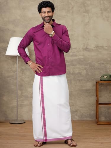 Image of RAMRAJ COTTON Men Full Sleeve Solid Shirt With Matching Border Dhoti|Ideal For Weddings And Occasion