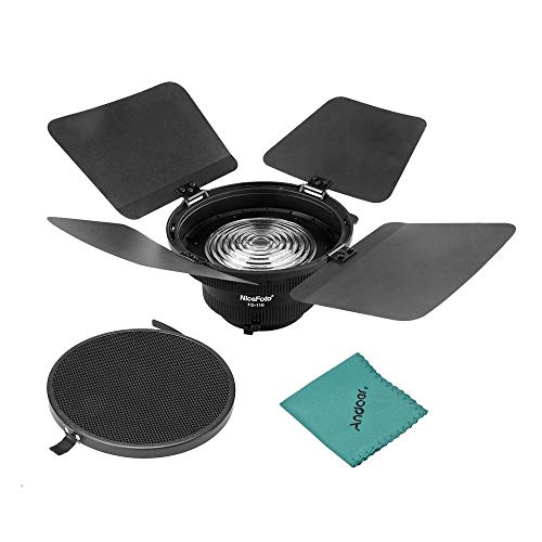 NiceFoto LED Video Light mit Fresnel-Montage-Lichtfokussierungsadapter, Lichtern, Wabengitter und Scheunentore für Bowens-Montage, Schwarz, USB, COB 120T 120D, Studioporträts, Hochzeit