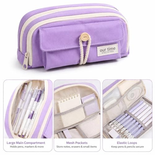 Image of Kawaii Cute Aesthetic Pencil Case for Girls & Boys | 3 Layer 6 Compartment Large Capacity Pencil Pouch with Zipper | Cartoon Stationery Organizer Bag for Students & Kids (Purple)