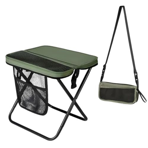 Image of Portable Folding Stool - 16 inch Tall Collapsible Backpack Stool with Storage Pouch, Hands-Free Carry & Supports 300 lbs, Ultralight for Hiking, Fishing, Camping, Festivals (Green, Large)