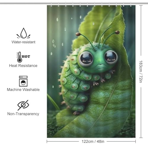 Rideau douche tissu caterpillar vert imperméable 122x183cm lavable baignoire