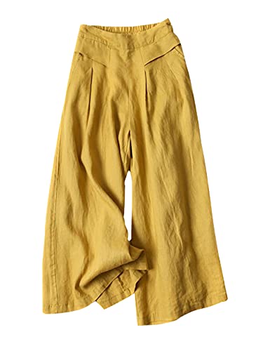 Image of Gihuo Culottes for Women Linen Wide Leg Gauchos Capri Palazzo Pants | Cotton Linen Pants,Flowy Pants,Women's Culottes,Cropped Pants,Elastic Waist Trousers with Pockets