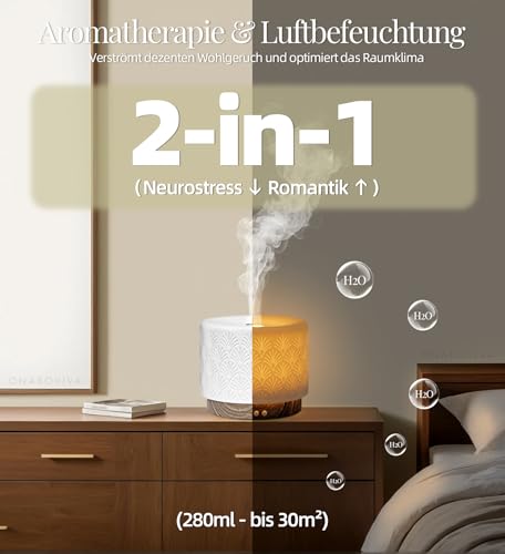 Aroma Diffuser – 280ml Ultraschall Diffusor für ätherische Öle mit Luftbefeuchtung und Schlaf-Nachtlicht aus Keramik, Auto-Off, BPA-frei, geräuschlos, ideal für Zuhause, Büro und als Geschenk