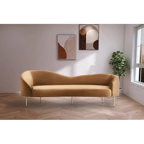 Image of Rosewood Luxury Curved Sofa in Premium Velvet-Fabric | Solid Wood Structure | High Density Foam | Sturdy Golden Legs | Comfortable & Stylish Couch for Modern Living Room (Saddle, 3 Seater)