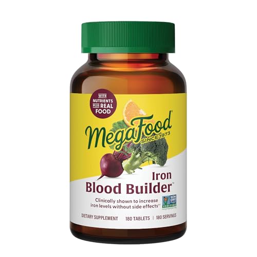 MegaFood Blood Builder Iron Supplement for Women & Men – Increase Iron Levels Without Side Effects – Improves Energy Levels – B12, Folic Acid & Vitamin C for Absorption – Vegan, Non-GMO - 180 Tablets