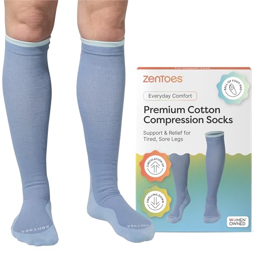 ZenToes Compression Socks for Women & Men, Gradual 15-20mmHg Compression Socks Men With Ball of Foot Cushion, Breathable Cotton Blend for All Day Comfort, Frosted Blue, Small, Regular