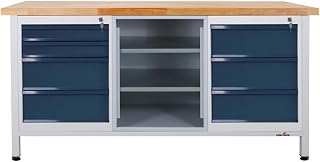 Steinbock Werkbank 7 Schubladen + 1 Regal | 170x84x60 cm | 500 kg | Grau | 500 kg Tragkraft | 4 cm geölte Massivholz-Arbeitsplatte aus Buche | stabiles Stahlgestell | Werktisch | Made in EU