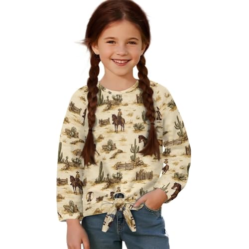 Xpyiqun T Shirt for Girls 5-12Y Long Sleeve T-Shirts Trendy Kids Tie Front Knot Tees Crewneck Pullover Tops