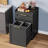 DWVO Double Pull Out Trash Can Cabinet, 2×13 Gallon Kitchen Trash Bin Cabinet, Garbage Recycling Cabinet with Drawer, Laundry Hamper Cabinet for Kitchen, Laundry Room, Bathroom, Black
