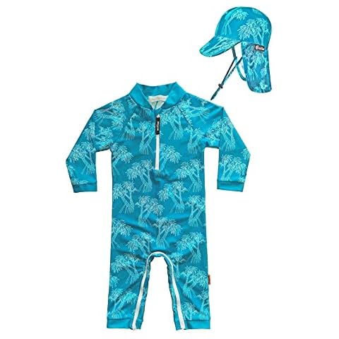 weVSwe Baby Toddler Sun Protection Rash Guard Swimsuit with Crotch Zipper, Green Leaves With Sun Hat, 18-24 Months Cover