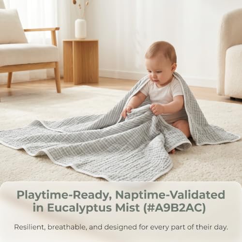 Image of 6-Layer Cotton Muslin Baby Blanket 43x43 inches Swaddles Grey Striped