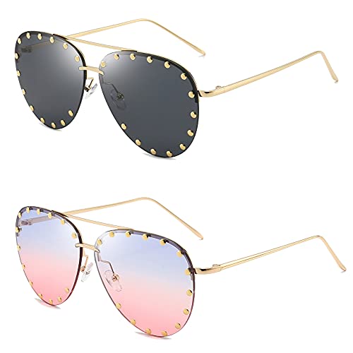 Dollger Studded Sunglasses for Women Fashion Studded Aviator Sunglasses Metal Frame UV 400, A9:2 Packs-grey+blue&pink Lens, Suitable for all face shapes