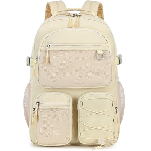 Image of Lohol Water Resistant Backpack with Mulitiple Pockets for School Travel Outdoor College, 15.6 inch Laptop Bookbag for Girls and Women (Beige)