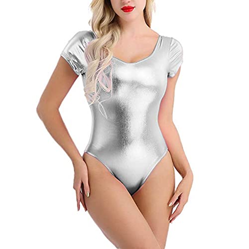 Body pour femme Tiktok Body années 80 pour femme - Blanc - Manches longues - Avec dentelle - Élégant - Noir - Pour femme, Argent (Silver), M