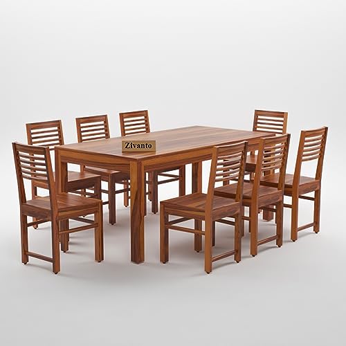 Image of Solid Sheesham Wood Dining Table 8 Seater | Rectangle Eight Seater Dinning Table with 8 Chairs for Home | Wooden Kitchen Dinner Table 8 Seater | Dining Room Sets for Restaurants | Teak Finish