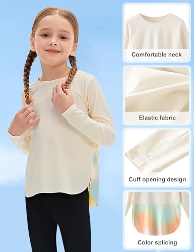 Image of Venzina Girls' Long Sleeve Workout Top with Thumbholes Quick-Dry 4-Way Stretch Moisture Wicking Shirt for Yoga, Dance, Gymnastics(Age 6-10)