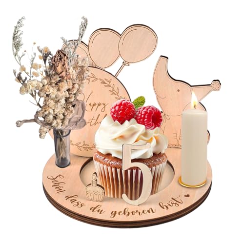Geburtstagsteller aus Holz, Personalisierte Geburtstagskranz Geburtstagsdeko Baby Kinder mit Geburtstagskerze & Vase, 0-9 Geburtstag Geschenke für Jungen Mädchen