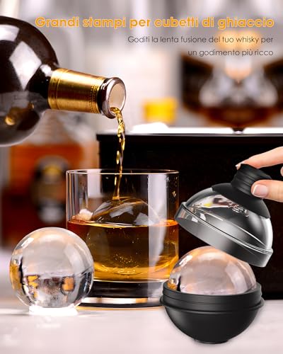 Grande stampi per cubetti ghiaccio silicone per cocktail Whisky - Set di 4 con coperchio a imbuto 2-in-1 - stampo ghiaccio grande da 6 cm - forme ghiaccio rotondo- Facile rilascio - immagine 3