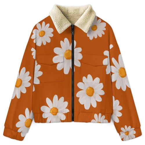Veste polaire femme orange à imprimé marguerite avec poches pour l'hiver