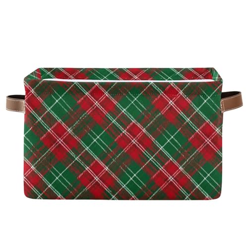 Image of Christmas Buffalo Plaid Storage Basket with Waterproof Liner and PU Handles Winter Green Red Checked Storage Bins Boxes 14.2 inch Collapsible Decorative Organizer Baskets for Bedroom Closet Office 1 Pack