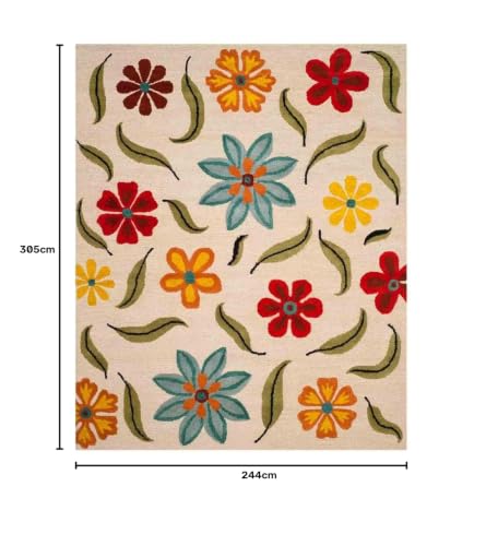 Image of Floral Pattern Wool Carpet with Loop Texture Yarn Anti Shedding Carpet Size 8x10 Feet A6 Beige & Multi Color