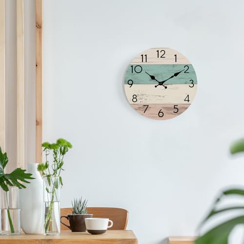 Image of KECYET Wall Clock Silent Non-Ticking Wooden Clocks Battery Operated 8 Inch Small Country Retro Rustic and Beach Style Decorative for Kitchen, Home, Bathroom, Bedroom (Green)