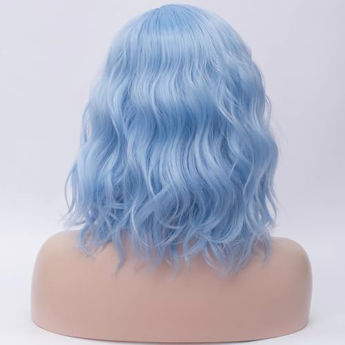 Image of BERON Blue Wigs for Women Girls Short Curly Wavy Hair Wig Light Blue Colored Halloween Cosplay Daily Party Wigs