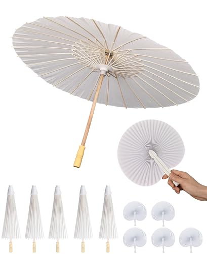Solnique 33 Inch White Paper Umbrella with Folding Heart Fan Chinese Japanese Style Parasol for DIY Painting Wedding Bridal Shower Photography Party Decoration
