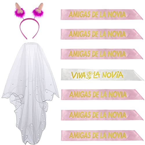 Bandas Despedida Soltera, Bandas de Satén para Novia y Sus Amigas, Velo Blanco de Novia con Peine, Diadema de Broma, Accesorios de Tema Bride para Fiestas y Disfraces (Rosa y Blanco)