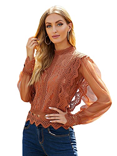 Floerns Women s Ruffle Trim Lace Scalloped Hem Long Sleeve Blouse Tops Burnt Orange XL