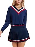 IUK Women's 2 Piece Tennis Skirt Set, V-Neck Long Sleeve Sweatshirt & High Waisted Pleated Skirt, Athletic Outfit for Golf