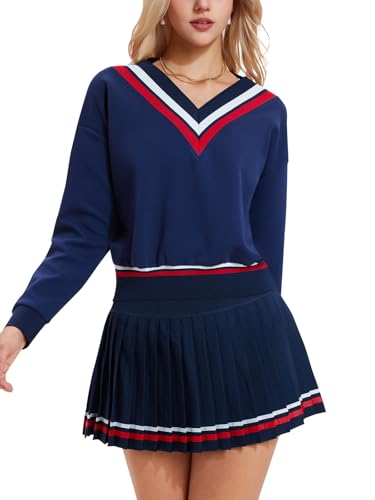 IUK Women's 2 Piece Tennis Skirt Set, V-Neck Long Sleeve Sweatshirt & High Waisted Pleated Skirt, Athletic Outfit for Golf