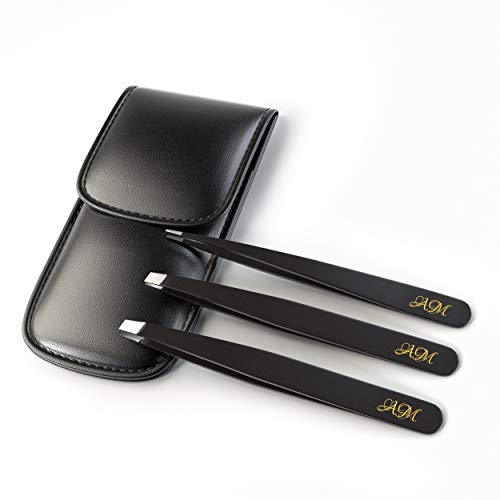 Tweezers for Eyebrows Variety Pack – 3-Piece Stainless Steel Slant Tip Tweezer Set + Pouch – Face & Body Hair Plucker, Ingrown Hair Tool, Splinter Remover – Precision Tweezers Set by Mandebura Beauty