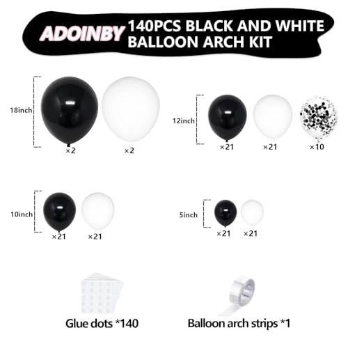 Image of Black and White Balloon Arch Kit, ADOINBY 140Pcs Black and White Durable Latex Balloons 18 12 10 5 Inch Different Size Balloons for Birthday Anniversary Wedding Engagement Graduation Party Decorations