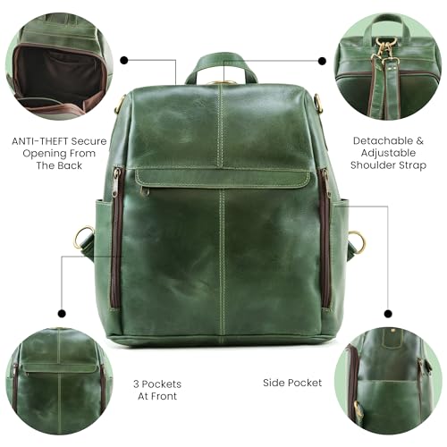 Image of Handmade World Leather Backpack Convertible to Purse 'The Honeycomb' Shoulder Bag Travel Versatile Rucksack Daypack (Green)