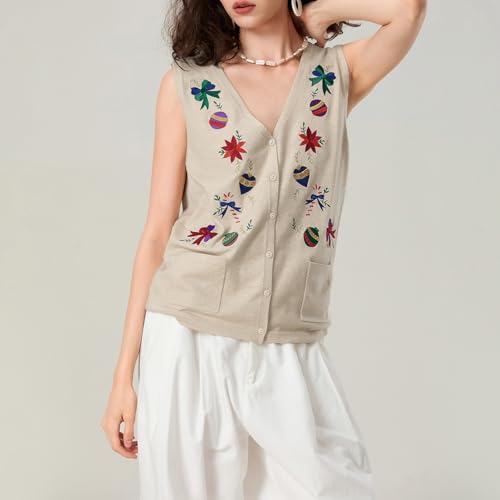 Image of SOLILOQUY Christmas Sweater Vest for Women Button Down Embroidery Knit Vest